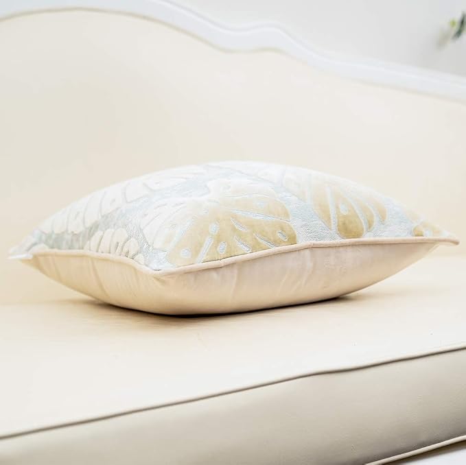 Alerfa 12 x 20 Inch Rectangle Leaf Pillow Embroidery Cut Velvet Cushion Case Luxury Modern Lumbar Throw Pillow Cover Decorative Pillow for Couch Sofa Living Room Bedroom Car, Beige