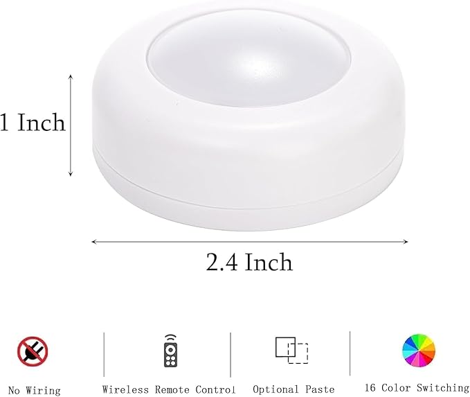 Hbaushun LED Puck Lights 6 Pack,16 Color Changeable Wireless LED Cabinet Lights,Battery Operated Night Light with Dimmer & Timmer for Bedroom,Closet, Kitchen,White