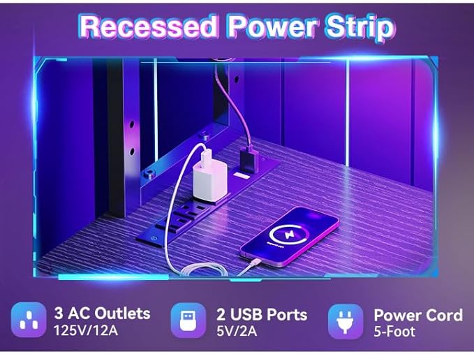 AODK L Shaped Desk Gaming Desk with LED Light & Power Outlet | 53 Inch Black Reversible L Shaped Computer Table with Shelf & Storage Bag & Hook for Home Office