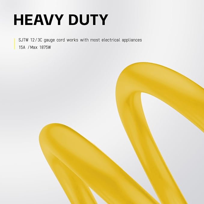 EP 1 ft Lighted Extension Cord - 12/3 SJTW Heavy Duty Yellow Extension Cable with 3 Prong Grounded Plug - 15AMP Power Cord for Lawn, Garden, Appliances