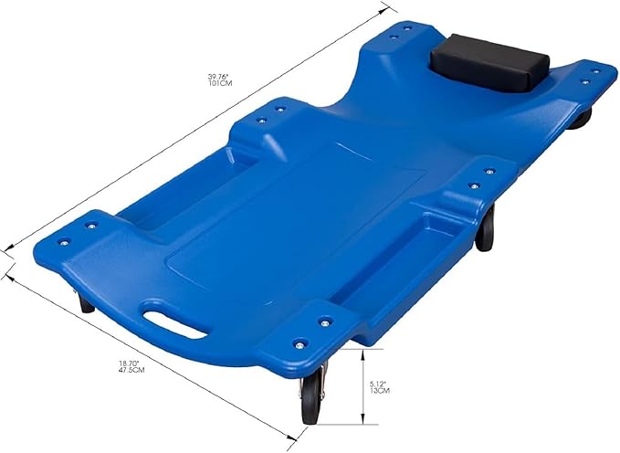 Big RED ATRP6240UR Blow Molded Plastic Rolling Garage/Shop Creeper: 40" Mechanic Cart with Padded Headrest and 6 Casters, 350 lbs Capacity, Blue