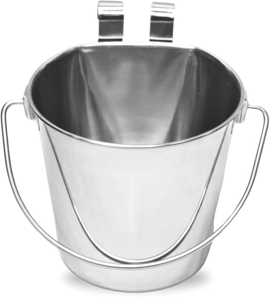 9 quart Stainless Steel Flat Sided Bucket with Dual Hooks | 2.25 gal Food & Water Bowl for XL Dog Goat Sheep Cattle Horse & Livestock | Fits kennel Crate Cages Farm | Hanging Utility Pail