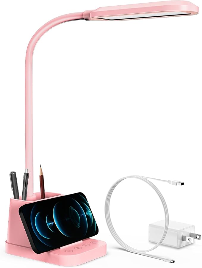AXX Pink Cute Desk Lamp with USB Charging Port for Kids Teen Girls Women | Kawaii, Small, LED, 650LM, for College Dorm Room Bedrooms, Home Office Accessories, Study Table Essentials