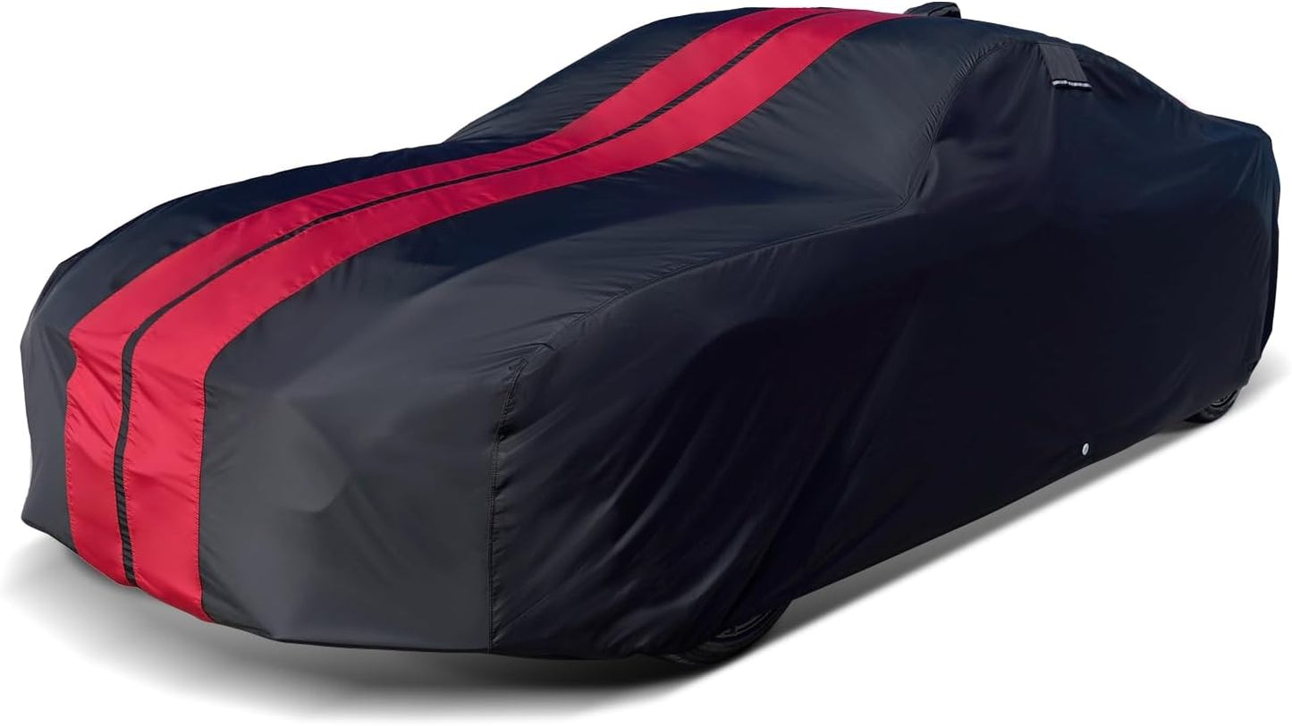 iCarCover Custom Car Cover for Chevy Malibu 2-Door (1978-1983) Waterproof All-Weather Rain Snow UV Sun Protector Full Exterior Indoor Outdoor Car Cover (Stripe - Black/Red)