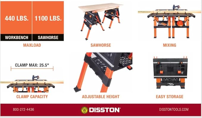 Disston OmniTable Elite Portable Workbench Worktable Sawhorse with Extra Large Work Surface with Built in Clamps. Easy Table Setup and Holds up to 440Lbs