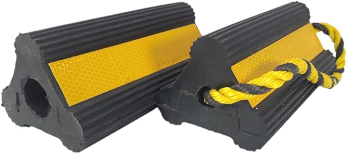Jungle Jim's Heavy Duty Dual Wheel Chocks with Ropes - 7.8 Inches, Oil-Resistant Rubber, Reflective Stripes, Anti-Slip Grip, for Trucks, Trailers, RVs, Driveways, Garages – 1 Pack