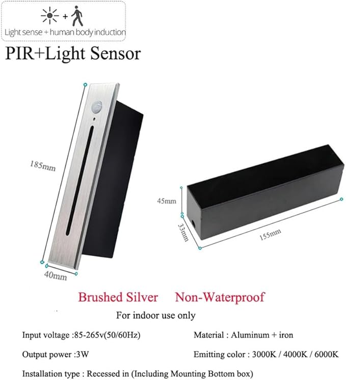 Recessed LED Step Lights Stair Light Indoor, 90-265V 3W Not Waterproof for Stairs/Decks/Steps/Door Side/Hallway/Doorway/Paths Lighting 1PCS-4000K Brushed Silver