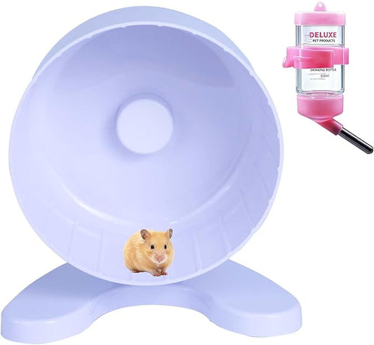 6.5" Super Silent Hamster Wheel with Stand & Water Bottle – Ultra Quiet Exercise Running Wheel for Gerbils, Syrian & Dwarf Hamsters, Chinchillas, Small Pets – Noiseless Spinning Design,White
