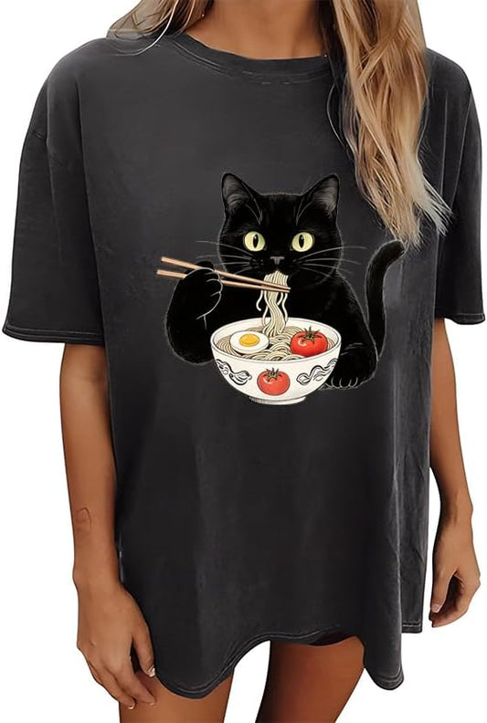 Cat Shirts for Women Oversized Cat Mom Shirt Animal Print Tops Cute Teen Clothes Casual Graphic Tees