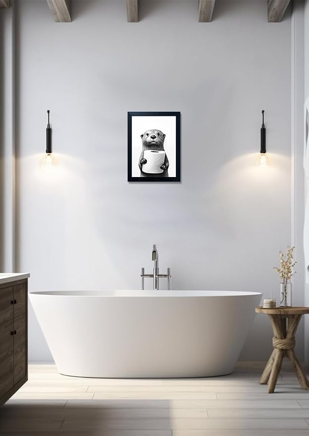 Framed Animal Bathroom Wall Art, Funny Bathroom Wall Decor, Toilet Paper in Raccoon's Hand, Black and White Canvas Print Picture Artwork for Hme