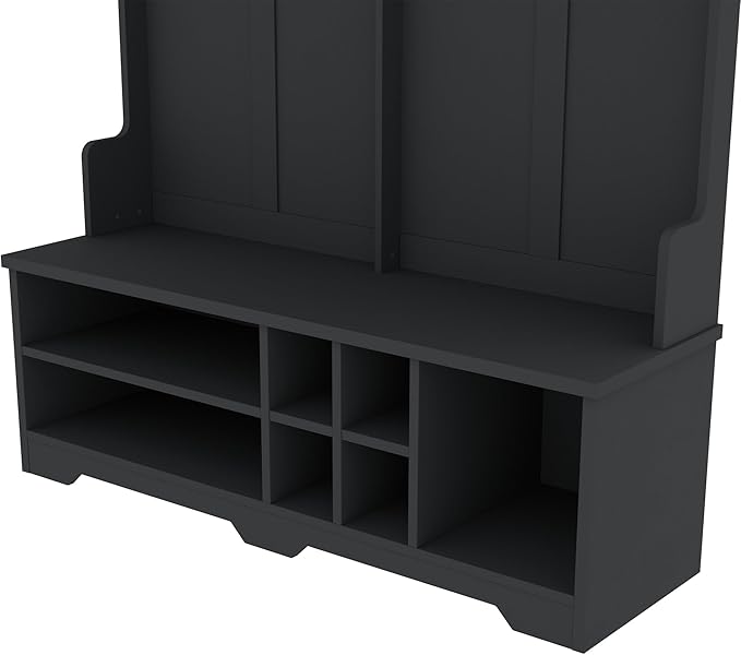 Modern Hall Tree with Metal Hooks and Storage Space, Wood Multi-Functional Entryway Coat Rack with Shoe Cubbies for Hallway Living Room Bedroom (Black/r11)