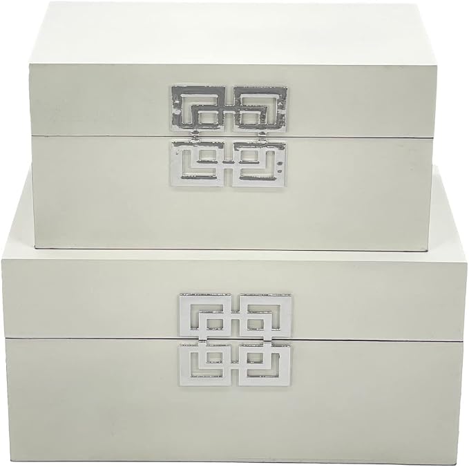 Galt International Storage Box Set Decorative Storage Box w/Hinged Lid Classic Design Wood Decor Boxes with Geometric Clasp Storage for Bedroom & Home - Set of 2 (White & Silver)