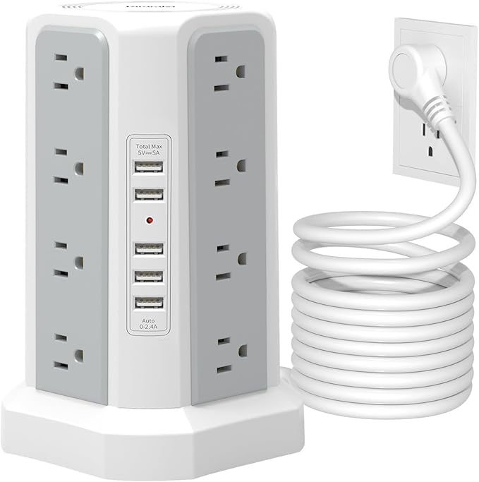 Surge Protector Power Strip Tower with USB Ports, Fararaka 10 FT Extension Cord with 16 Multiple Outlets and 5 USB Ports, Flat Plug Charging Station for Home, Office, Dorm Room