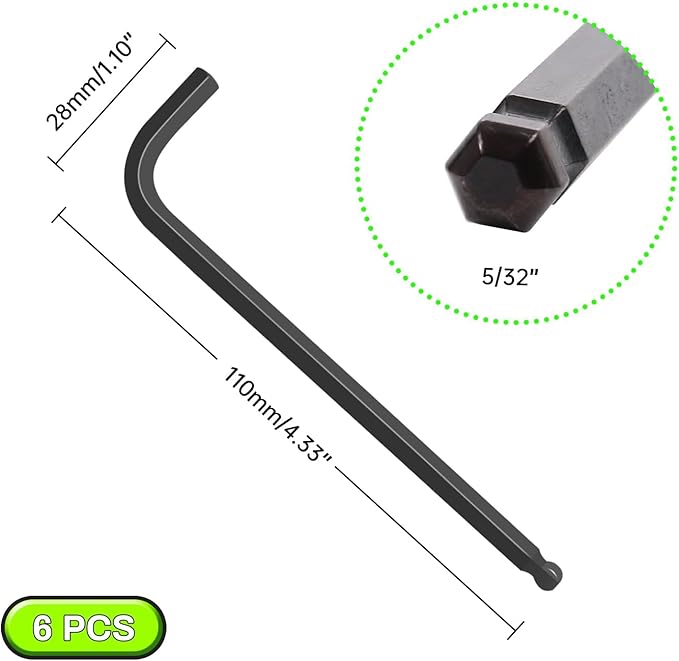 5/32" Ball End Hex Key Set, 6pcs L-Shaped Allen Wrenches Long Arm, CR-V Steel, Black Oxide Finish, High Torque Repairing Tool for Furniture, Bike, Equipment Maintenance