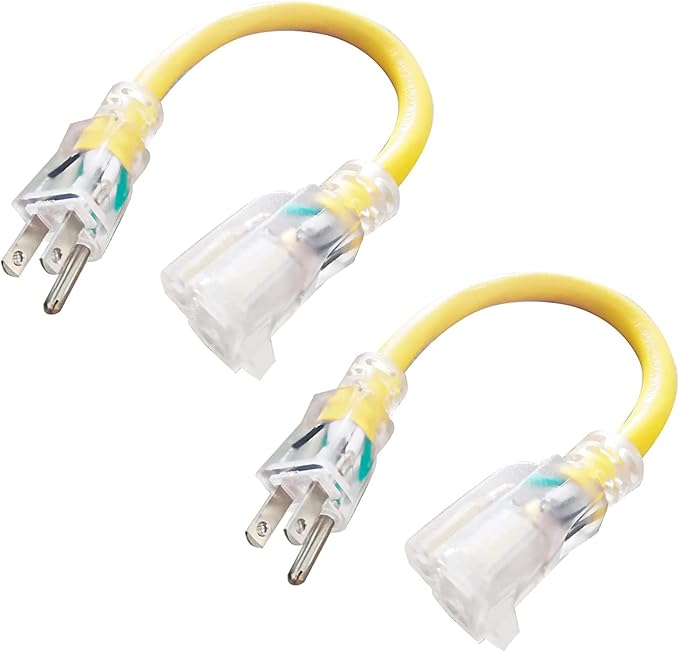 EP 2 Pack 1 ft Lighted Extension Cord - 12/3 SJTW Heavy Duty Yellow Extension Cable with 3 Prong Grounded Plug - 15AMP Power Cord for Lawn, Garden, Appliances
