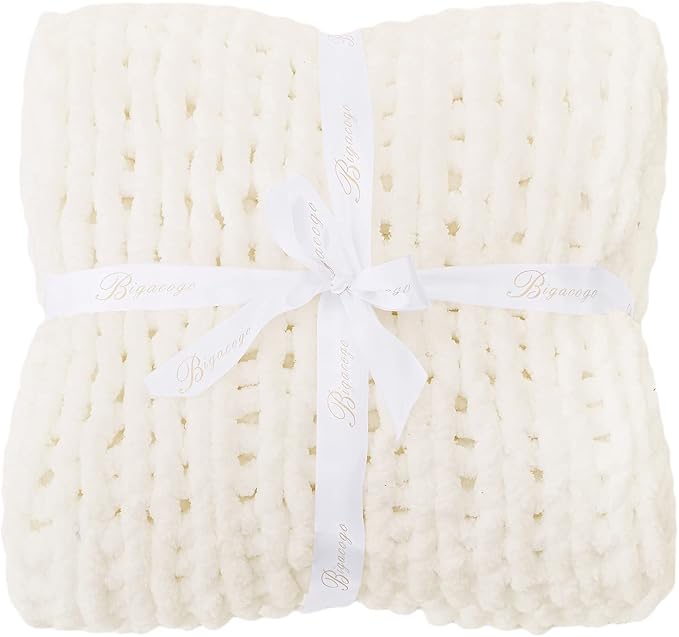 Bigacogo Chunky Knit Throw Blanket for Couch, 40x80 inches, Ivory | Hand Knit with Jumbo Chenille, Soft Breathable Cable Knit for Sofa Bed Living Room, Machine Washable, Gift for Mom Friend