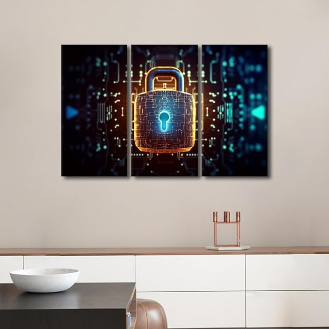 TUMOVO 3 Panel Canvas Print Art Set Padlock with a Glowing Light at the Top Posters and Prints for Bedroom Living Room Wall Decorative, Cybercrime Concept Artwork Framed Ready to Hang, 42" Wx28 H