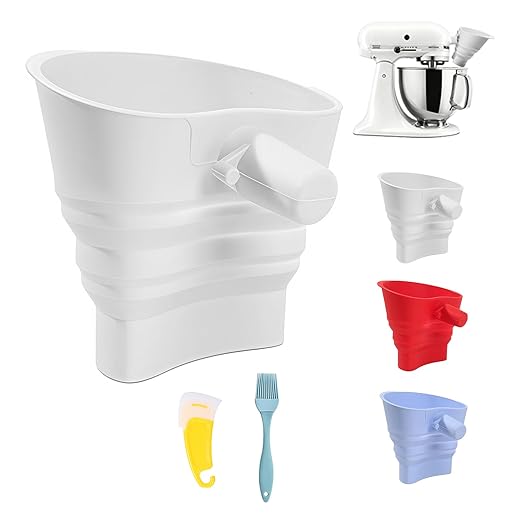 Flour Funnel for Kitchen Aid Mixer with Spatula & Brush Set - Silicone Collapsible Stand Mixer Attachment Compatible with KitchenAid 4.5-5 QT Tilt-Head (KSM150), Mess Free Dishwasher Safe (White)