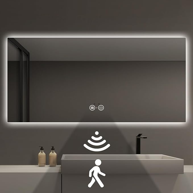 66 x 36 LED Bathroom Vanity Mirror, 3 Colors Four-Side Backlit Mirror Bathroom with Motion Sensor, Stepless Dimmable Wall Mirror with Lights, Anti-Fog, Rectangular, UL-Listed