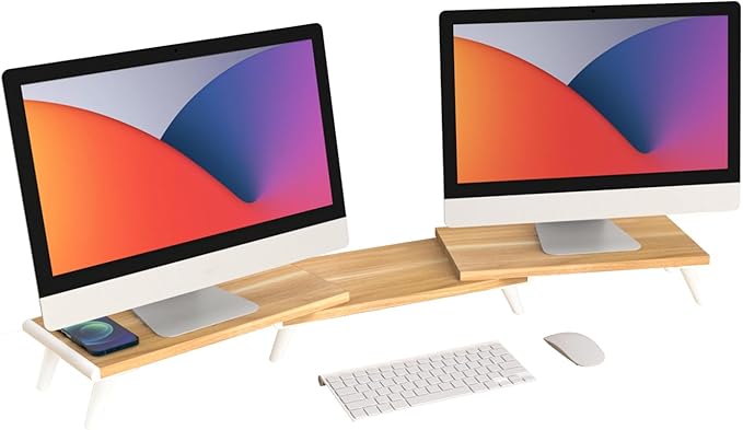 loukin Dual Monitor Stand Riser for Desk, 43.6"*8.2"*3.2" Large Computer Stand for 2 Monitors, Laptop, Printer, Length and Angle Adjustable Computer Shelf, Home Office,Max 43.6" Length Natural