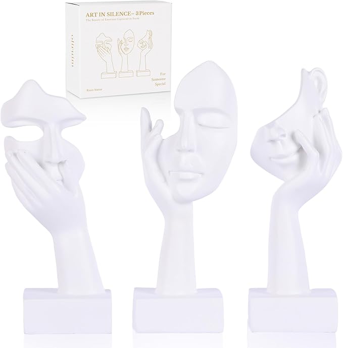 3 Pcs Thinker Small Statue Set - White Art Abstract Home Accent Figurines for Decor Woman Apartment Bookshelf Floating Shelf Coffee Table Office Desk Bathroom Counter Decor (3 Pcs White, 6")
