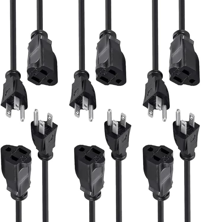 Monoprice 3-Prong Extension Cord - 6 Feet - Black (6 Pack) NEMA 5-15P to NEMA 5-15R, 16AWG, 13A