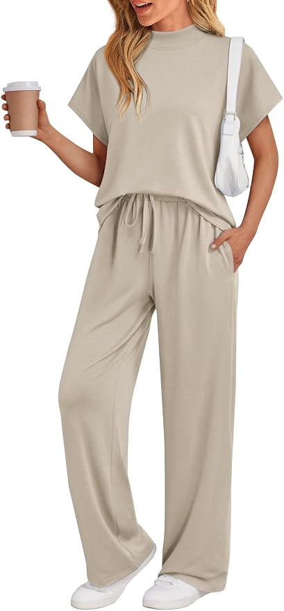 AUTOMET Women's 2 Piece Matching Lounge Sets 2026 Summer Mock Neck Sweatsuits Short Sleeve Loungewear Travel Outfits