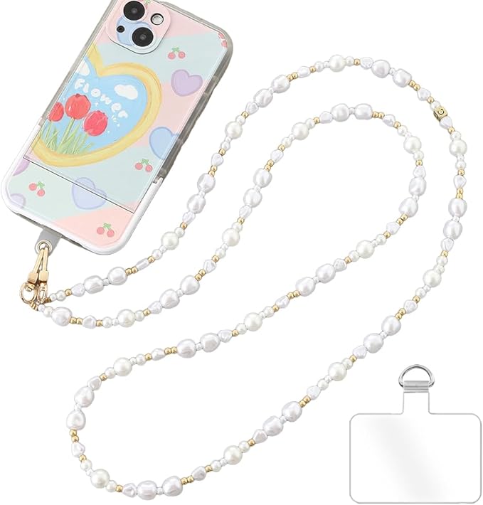 Phone Chain Crossbody Pearl Strap,Pearl Beaded Chain Shoulder Crossbody Lanyard with Phone Tether Patches Compatible with Most Phones Bag Purse(H)