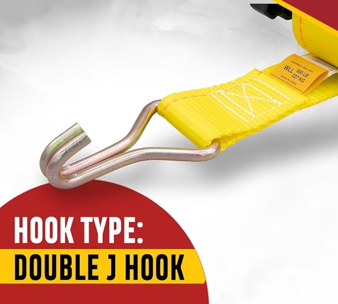 Mytee Products 4 Pack 1-1/2"x7' Yellow Ladder Rack Ratchet Straps with J-Hook (Pair) - 500 lbs 2" Black Round Tube Mount - Retractable Ratchet Tie Down Strap for Roof Rack