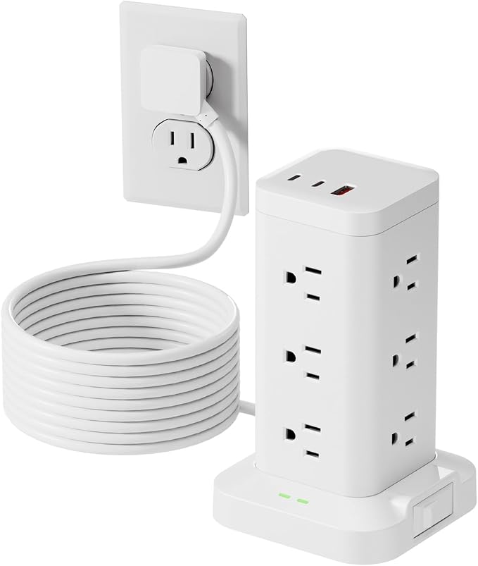 15-in-1 Power Strip Tower with Surge Protector 1800J, Fast Charging Tower PD20W USB-C Ports with 12 AC Outlets, 15ft Extension Cord for Home Office Dorm Room, White