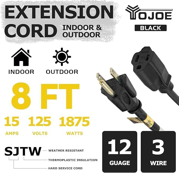 YOJOE Indoor Outdoor Extension Cord, 3 Prong 15A Weatherproof Power Cord, 12 Gauge Heavy Duty 8 ft Black Extension Cord for Garage, Garden and Home, 12/3 SJTW UL Listed