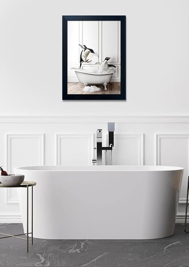 Kids Bathroom Wall Decor Funny Bathroom Wall Art Black and White Wall Decor Cute Penguins in Bathtub Canvas Print Painting Framed Farmhouse Animal Artwork