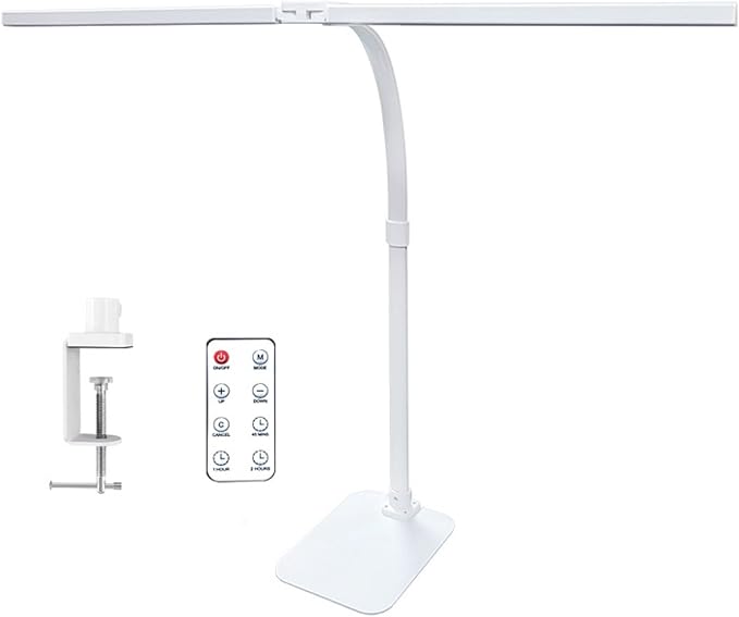LED Desk Lamp with Clamp and Base, Dual Head Monitor Light | 24W Dimmable Eye-Caring Task Lamp with Timer, Anti-Glare Cover and Gooseneck for Home Office Dorm, Workbench and Study