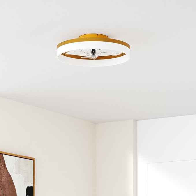 VOLISUN Low Profile Ceiling Fans with Lights and Remote, 19.7in Fandelier Ceiling Fan Flush Mount, 3000K-6500K Smart Bladeless LED Fan Light, Gold Modern Ceiling Fans with Lights for Bedroom