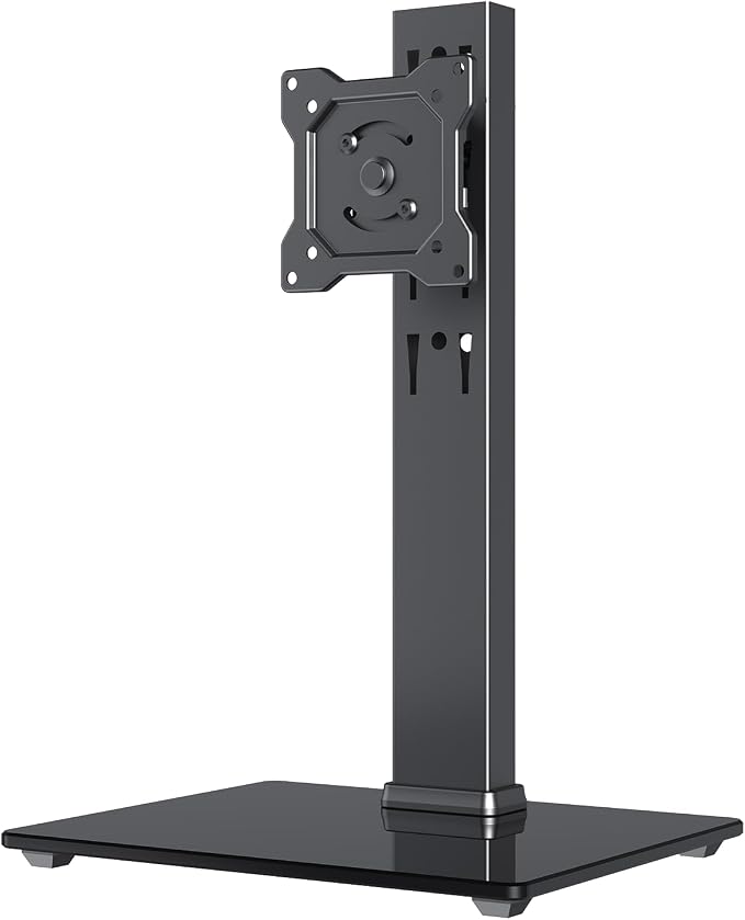 Afaloona Freestanding Single Monitor Stand for 13-32 Inch Monitor, No Clamp | Max Load 77lbs | Tempered Glass Base | ±25° Swivel | -5° to +10° Tilt | 360° Rotation | 4 Height Options | VESA 75×75/100×100