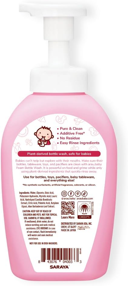 Arau Baby Unscented Foam Bottle Wash, Natural Plant Based Baby Bottle & Dish Soap, No Artificial Fragrance or Additives, Gentle for Washing Bottles, Pacifiers and Toys, Easy Rinse, 15.21 Fl Oz