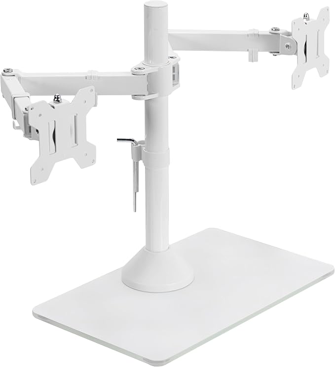 VIVO Dual Monitor Desk Stand for 13 to 32 inch Screens, STAND-V002FGW | Articulating, Freestanding Adjustable Monitor Arm, White with Glass Base, Computer Stand for 2 Monitors, Holds 22 lbs Each