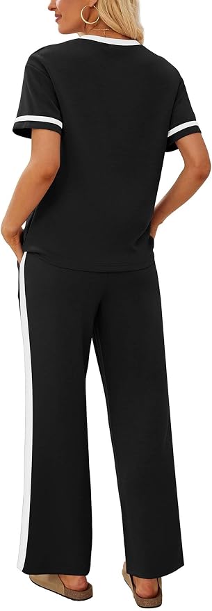 Sampeel 2 Piece Sets for Women Matching Sets Summer Outfits Resort Wear Short Sleeve Lounge Set Wide Leg Pants with Pockets