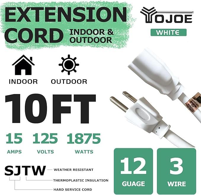 YOJOE Indoor Outdoor Extension Cord, 3 Prong 15A Weatherproof Power Cord, 12 Gauge Heavy Duty 10 ft White Extension Cord for Garage, Garden and Home, 12/3 SJTW UL Listed