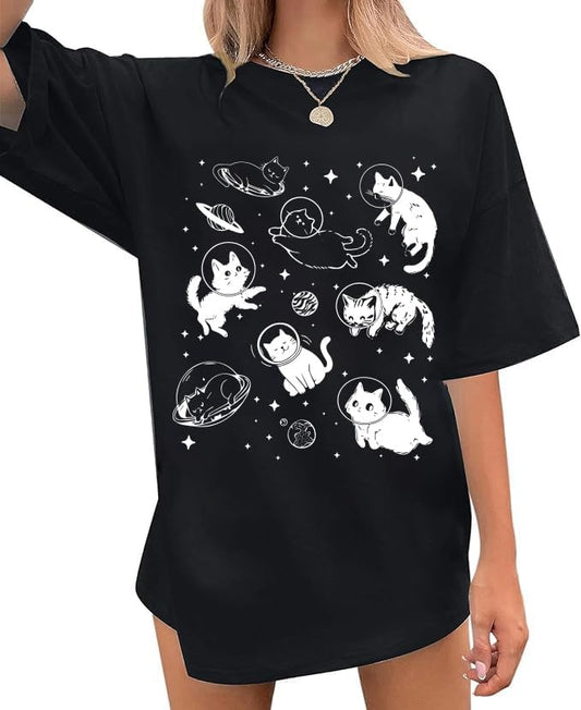 Cat Shirts for Women Oversized Cat Mom Shirt Animal Print Tops Cute Teen Clothes Casual Graphic Tees