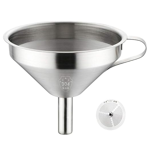 Stainless Steel Funnel with Fine Mesh Strainer, 5-Inch Metal Hopper with Handle, 300 Mesh Cooking Oil Filter Jam Straining Set for Transfer of Liquid Ingredients/Wine/Liquor/Enzymes