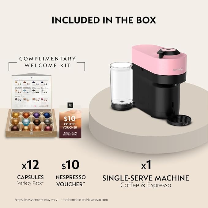 Nespresso Vertuo Pop+ Coffee & Espresso Maker by De'Longhi, Pink | Candy pink coffee machine with compact design, 25 fl. oz. side tank, 30 second heat-up and one touch brewing.