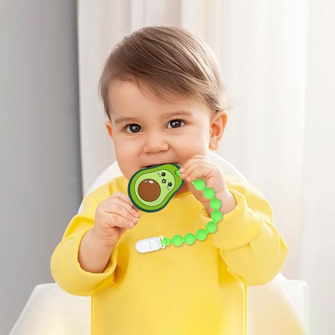 Baby Food Grade Silicone Teether Toy with Pacifier Clip Holder,Teething Toys Gift Set for 3 Months+ Boys and Girls,Freezer Safe,BPA Free. (Avocado)