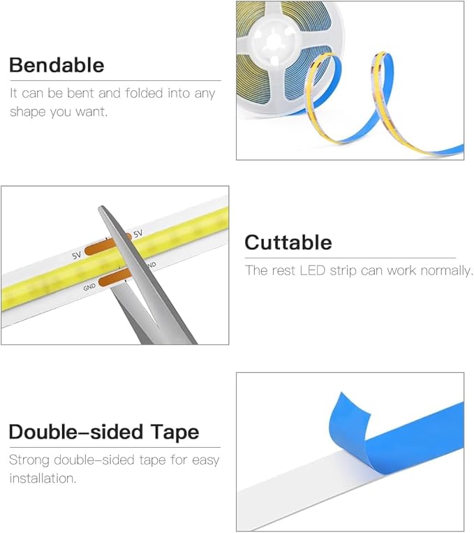 USB 5V COB LED Strip 6.56ft/2M Motion Sensor LED Under Cabinet Light 3000K Flexible LED Strip Lights for TV Backlight, Stair, Kitchen, Bedroom DIY Lighting (Warm White)