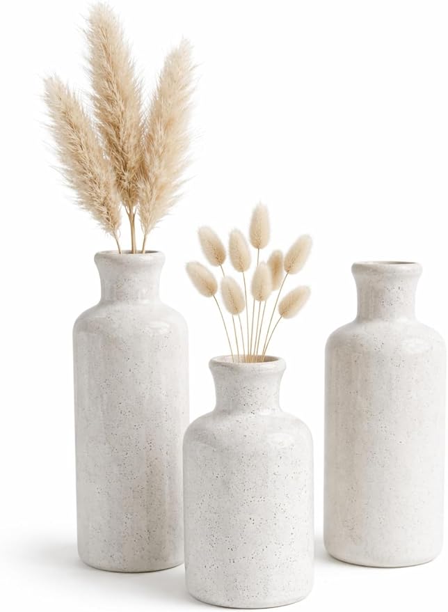 Small White Speckled Ceramic Vase Set of 3, Decorative Modern Vases for Shelf, Table, Living Room, Dried Flowers
