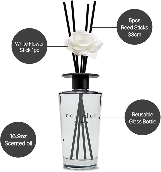 COCODOR White Flower Reed Diffuser / April Breeze / 1 Pack / Home & Office Decor Aromatherapy Diffuser Oil Gift Set / Large Size, Large Capacity, Big Size Diffuser, Black Edition/16.9Ounce(500 ml)