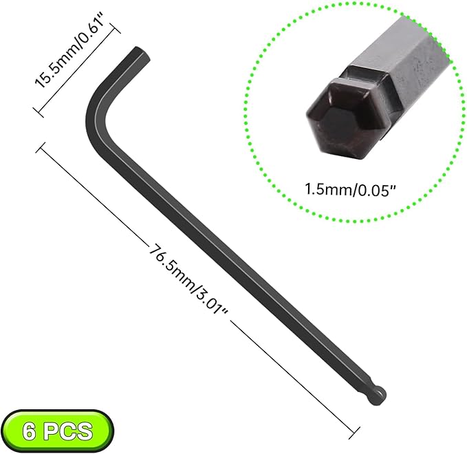 1.5mm Ball End Hex Key Set, 6pcs L-Shaped Allen Wrenches Long Arm, CR-V Steel, Black Oxide Finish, High Torque Repairing Tool for Furniture, Bike, Equipment Maintenance