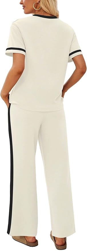 Sampeel 2 Piece Sets for Women Matching Sets Summer Outfits Resort Wear Short Sleeve Lounge Set Wide Leg Pants with Pockets