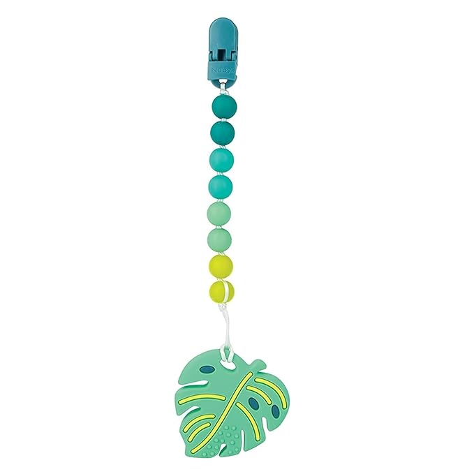 Nuby All Silicone Teether with Bonus Silicone Pacifinder with Clip - 3+ Months, 1pk,Monstera Leaf