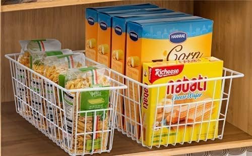 Redrubbit Wire Storage Baskets, Large Farmhouse Metal Freezer Basket Storage Organizer Bins with Handles for Kitchen Cabinets, Pantry, Closets, Bedrooms, Bathrooms, Set of 4, White